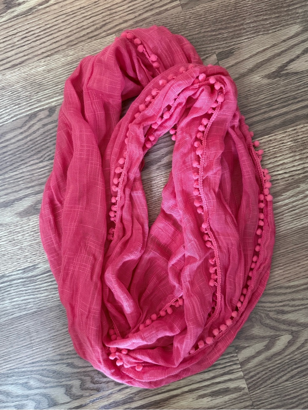 J.Crew Coral Pink Pom Pom Infinity Scarf Lightweight Boho Coastal Preppy